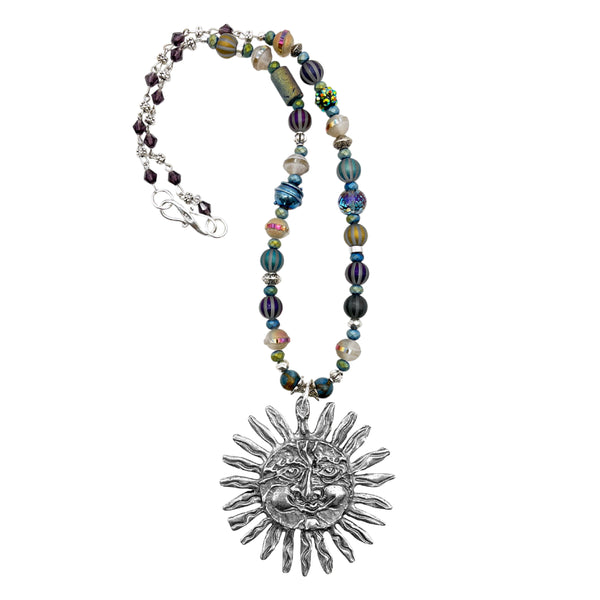 One of a Kind Striped & Multi Glass Beaded Sun Necklace