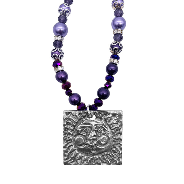 One of a Kind Purple Pearl & Crystal Beaded Square Sun Necklace