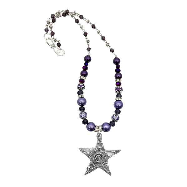 One of a Kind Purple Pearl & Crystal Beaded Small Star Necklace