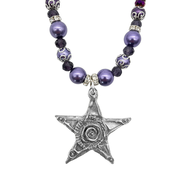 One of a Kind Purple Pearl & Crystal Beaded Small Star Necklace