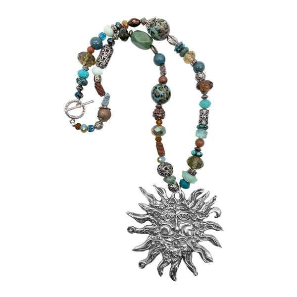 One of a Kind Turquoise & Assorted Stones Beaded Sun Necklace