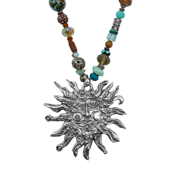 One of a Kind Turquoise & Assorted Stones Beaded Sun Necklace